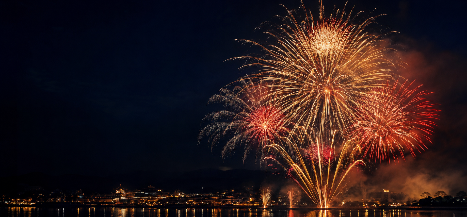 夜空に金と朱の花火が広がるイメージ